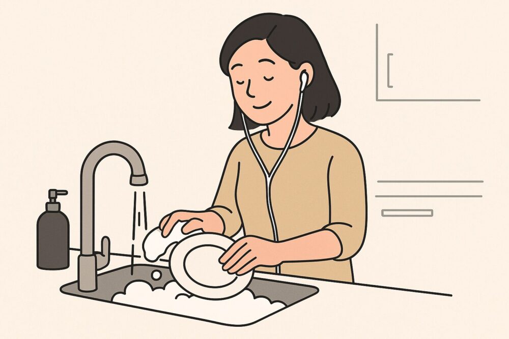 耳にイヤホンで家事中の人物